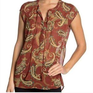 DR2 by Daniel Rainn Red Paisley Sheer Tie Front Cap Sleeve Loose Boho Blouse S